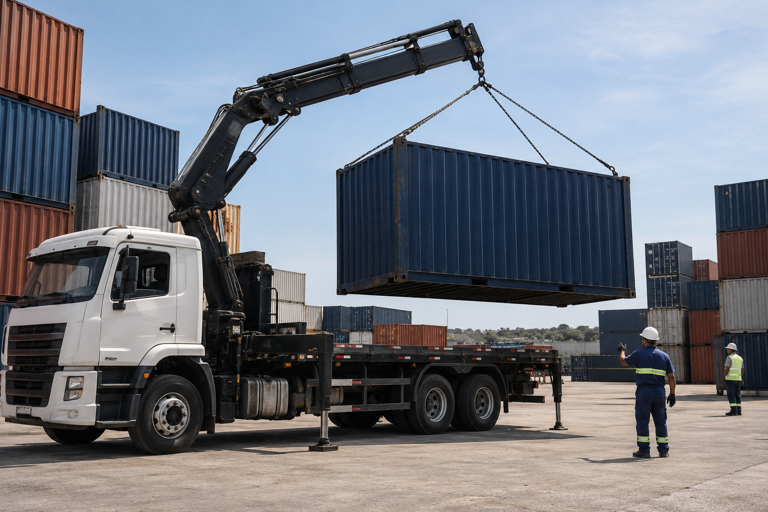 Entrega de container com caminhão e guindaste